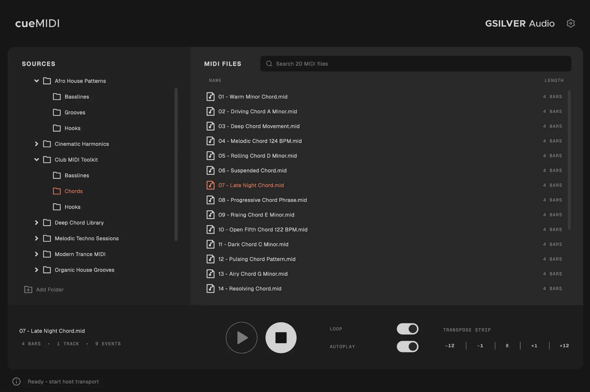 cueMIDI browsing a MIDI library, with file list, transport, and transpose controls